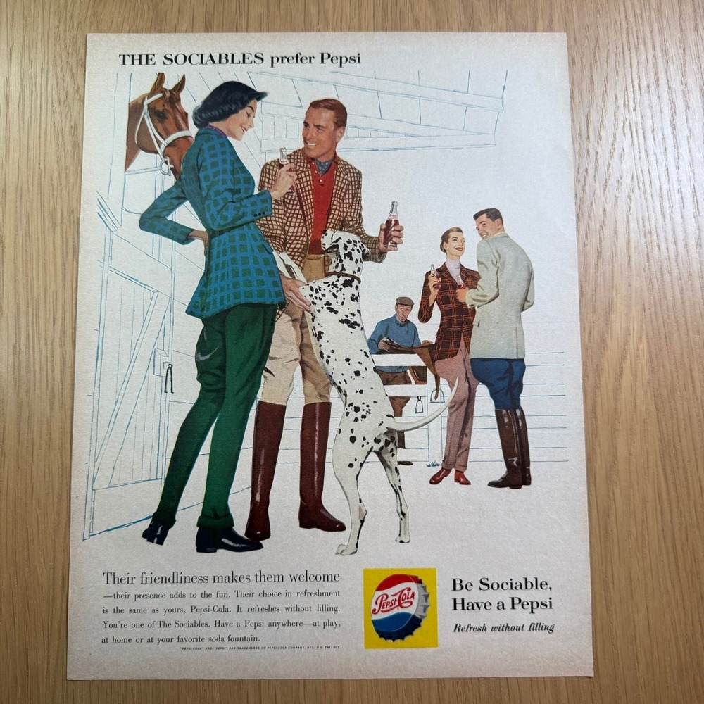 1960 Pepsi-Cola Ad The Sociables Prefer Pepsi Equestrian Stable Dalmatian VTG